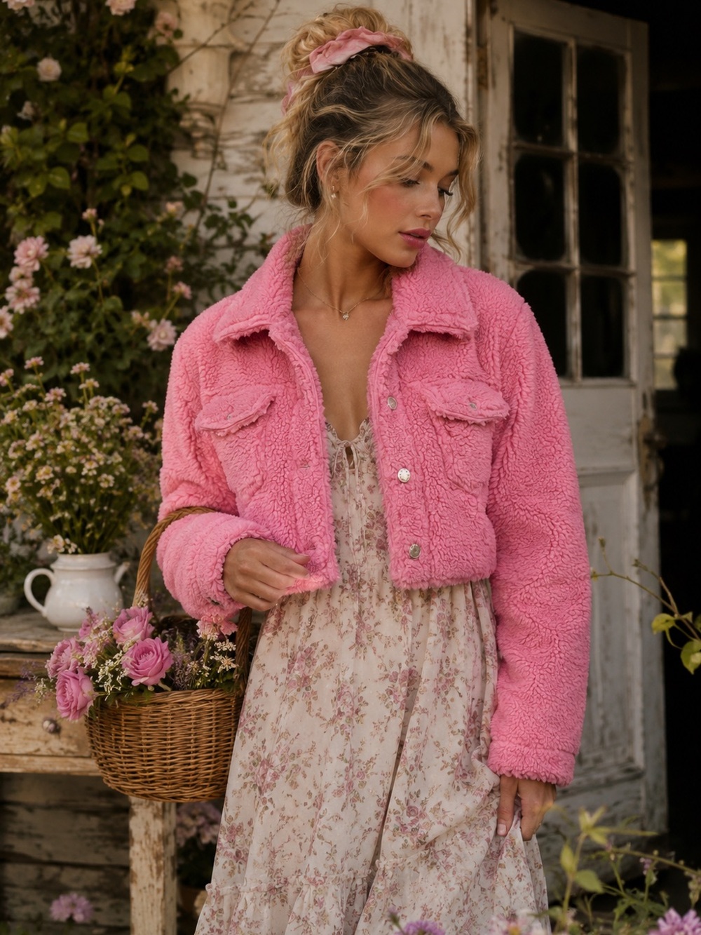 Sugar Thrillz pink cropped Sherpa jacket L